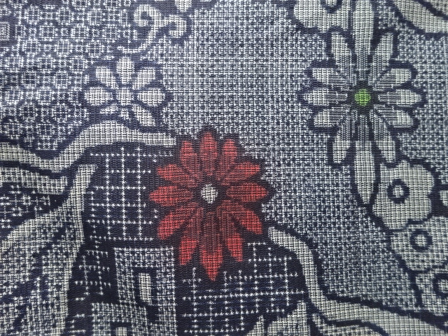 JAPANESE KIMONO / ANTIQUE KIMONO / SILK / DORZOME / OSHIMA TSUMUGI / WOVEN KIKU ARABESQUE